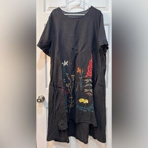 Black Linen Cotton Midi Dress Sz XL Embroidered Hi Low Oversized Lagenlook Boho